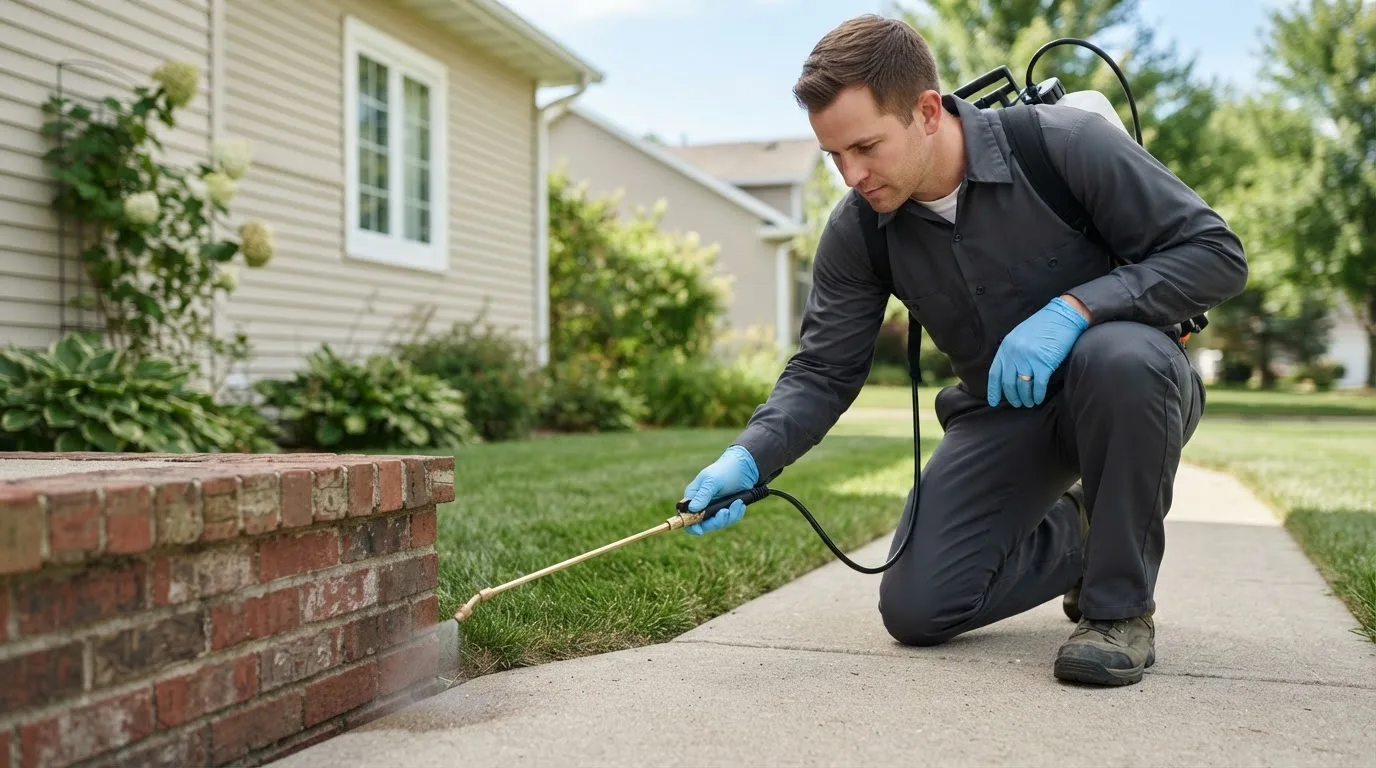 Pest control technician treating a home near Osgood, IN