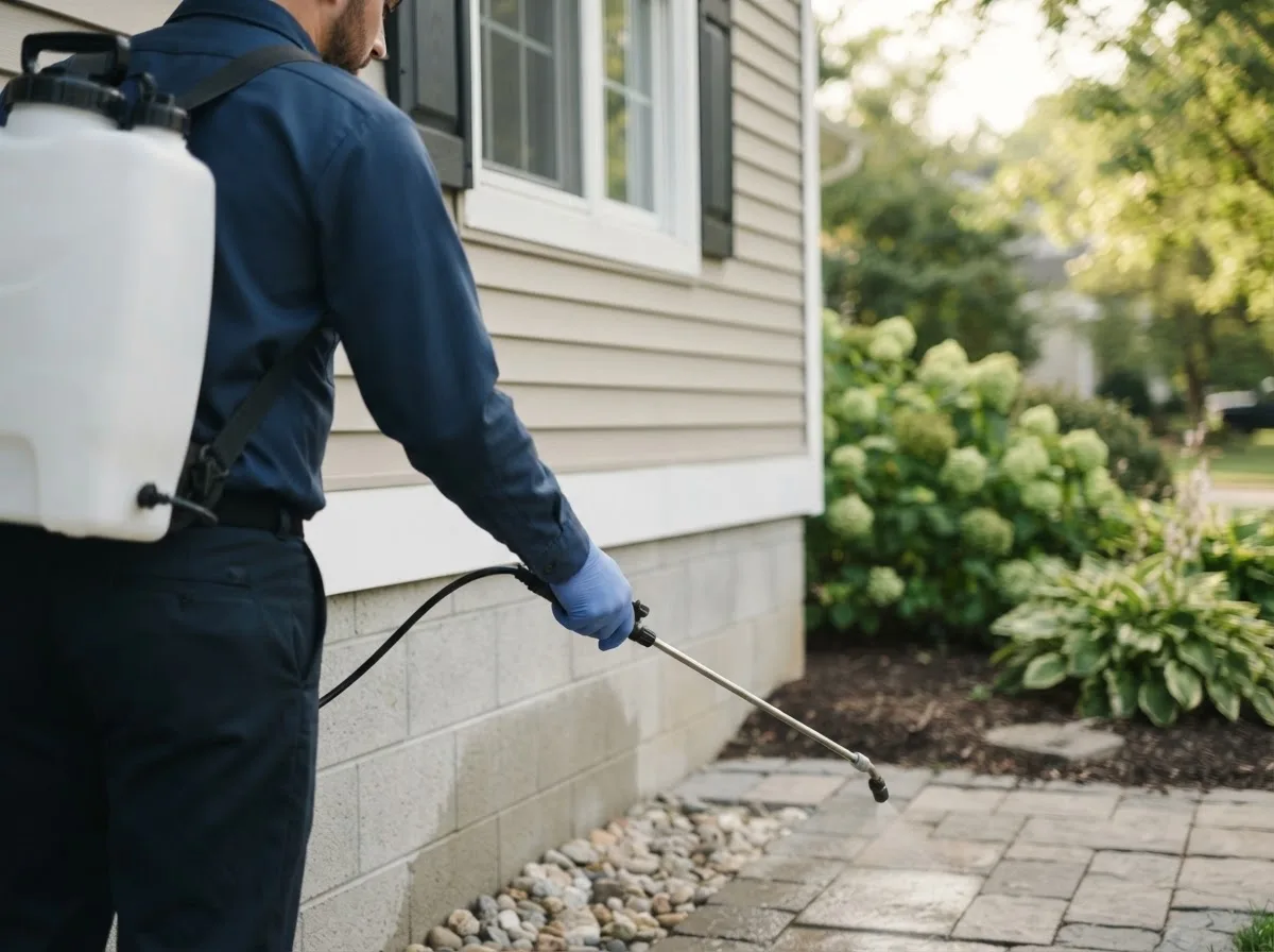 Pest control technician inspecting a home in Osgood, IN